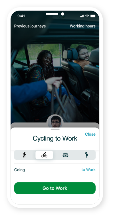 A screen showing sustainable transport options (walking, cycling…) available within KINTO Join. The ‘cycling to work’ option is selected.