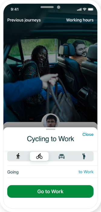 A screenshot from the KINTO Join green travel app showing sustainable travel options, with 'Cycling to work’ option selected.
