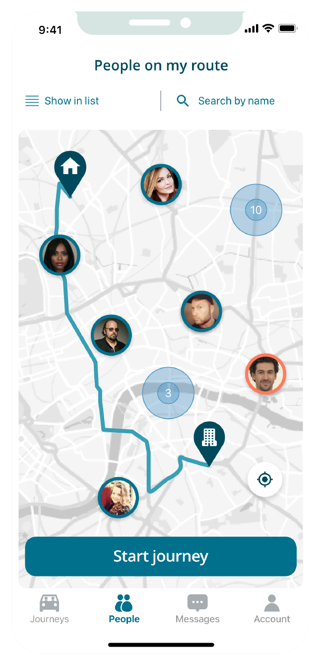 A screenshot from the KINTO Join sustainable commuting app showing 'People on my route' screen
