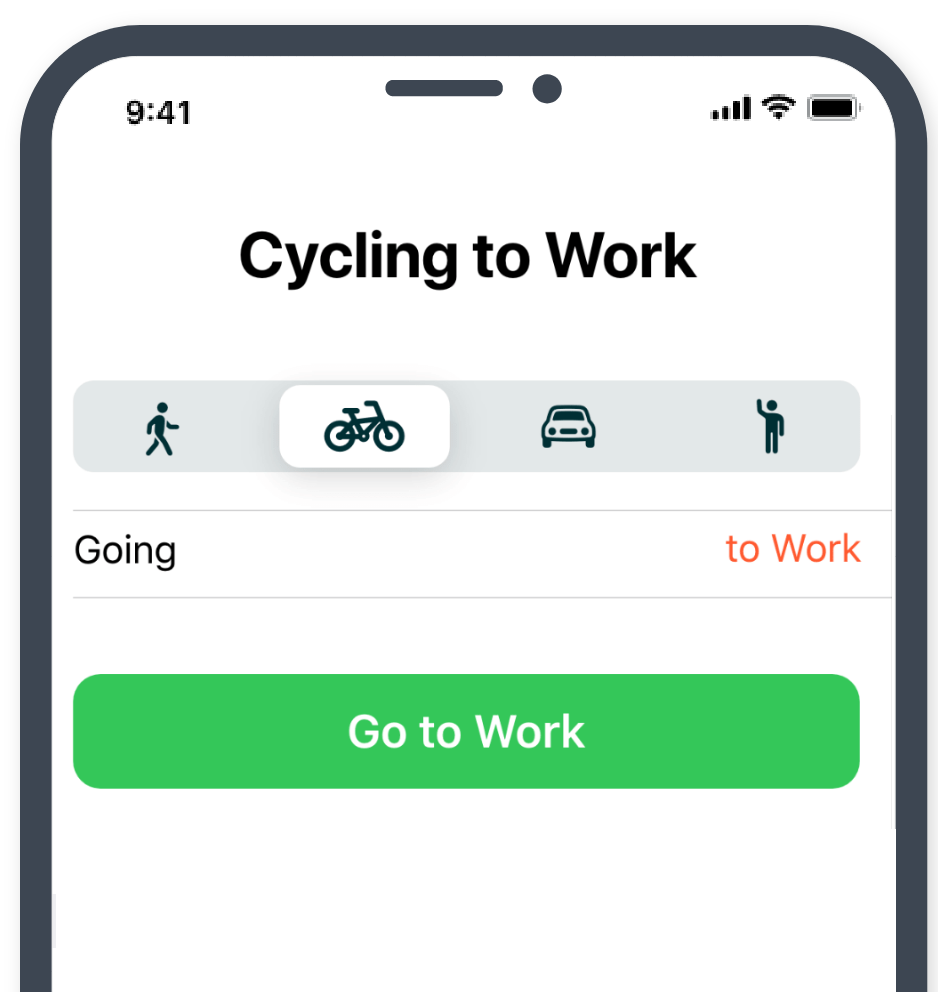 A mobile screen showing sustainable transport options available in KINTO Join– carpooling, walking and cycling scheme. The ‘cycling to work’ option is selected