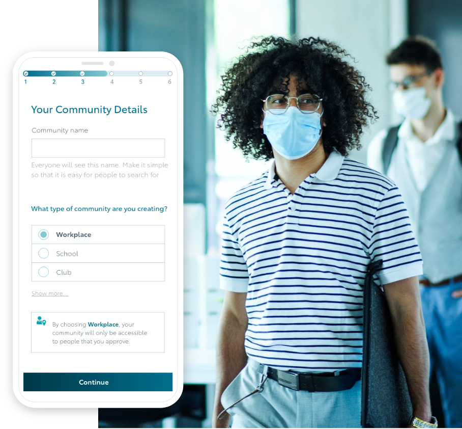 ‘Your community details’ screen from KINTO Join commuting app, combined with an image of coworkers arriving to work during COVID-19.