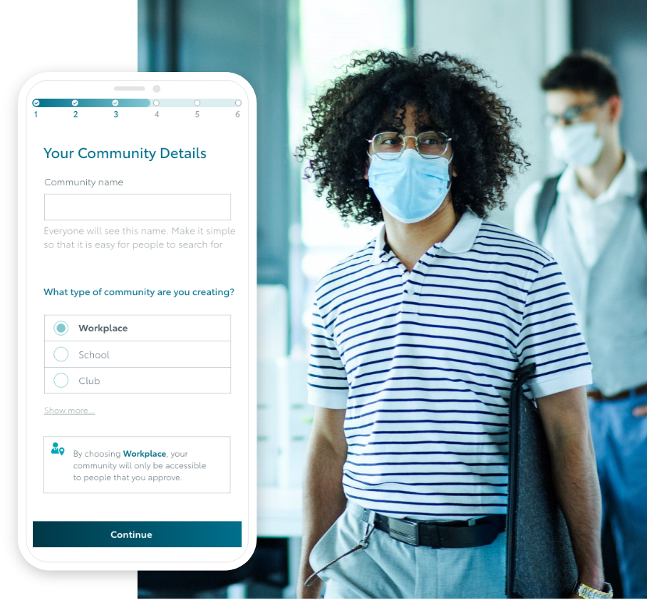 ‘Your community details’ screen from KINTO Join commuting app, combined with an image of coworkers arriving to work during COVID-19.