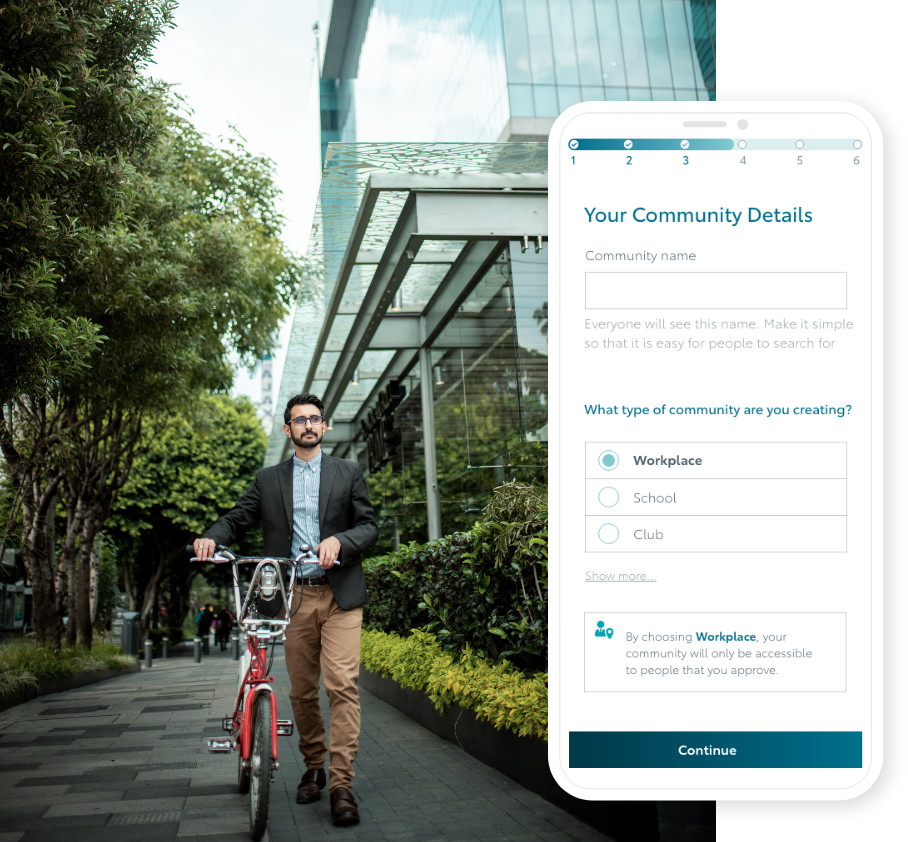A screen from KINTO Join sustainable commuting app, combined with an image of an employee cycling to work.