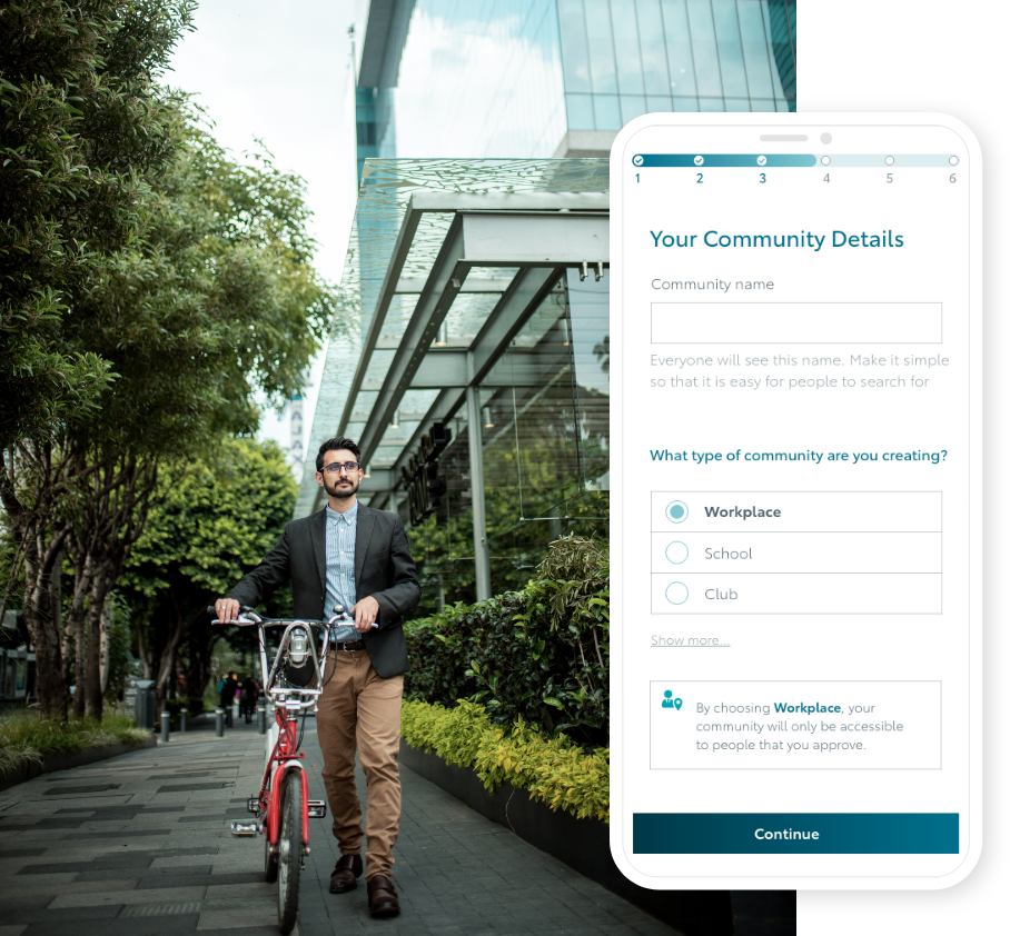 A screen from KINTO Join sustainable commuting app, combined with an image of an employee cycling to work.