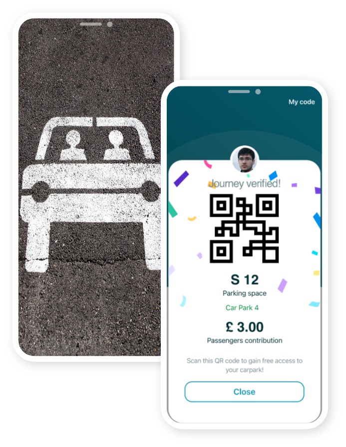 A mobile screen showing a carpool parking spot combined with a ‘parking permit’ screenshot from our carpool platform.