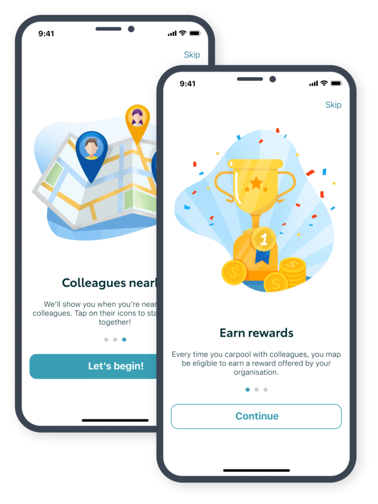 ‘Colleagues nearby’ and ‘Earn rewards’ screens from the KINTO Join carpooling platform.