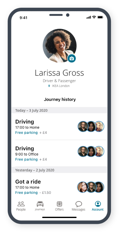 A mobile screen showing the list of sustainable journeys an employee completed using KINTO Join carpool platform.