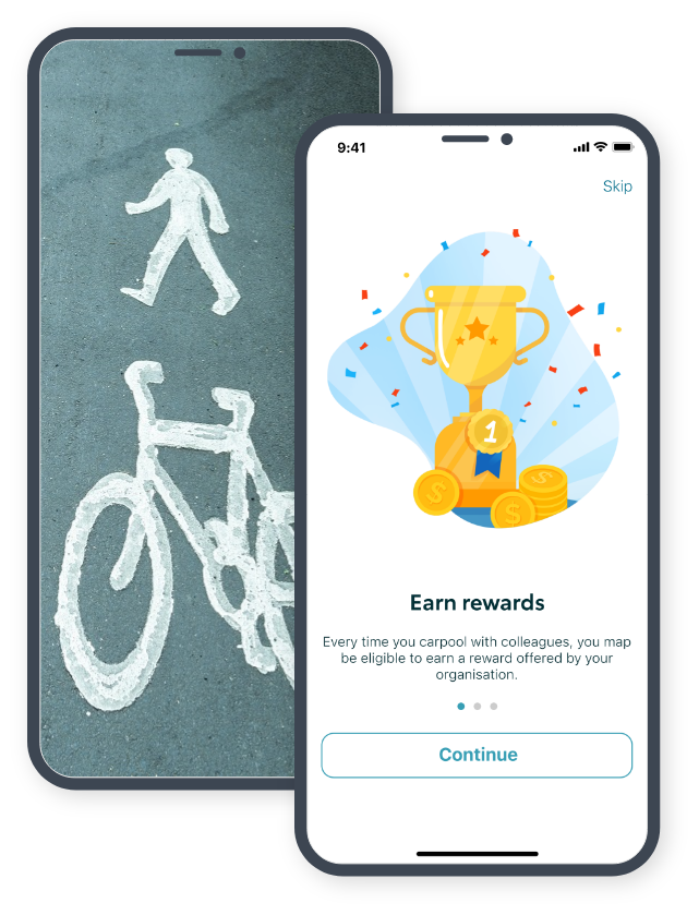 A mobile screen showing a walking & cycling path combined with the ‘Earn rewards for green travel’ screen from the KINTO Join