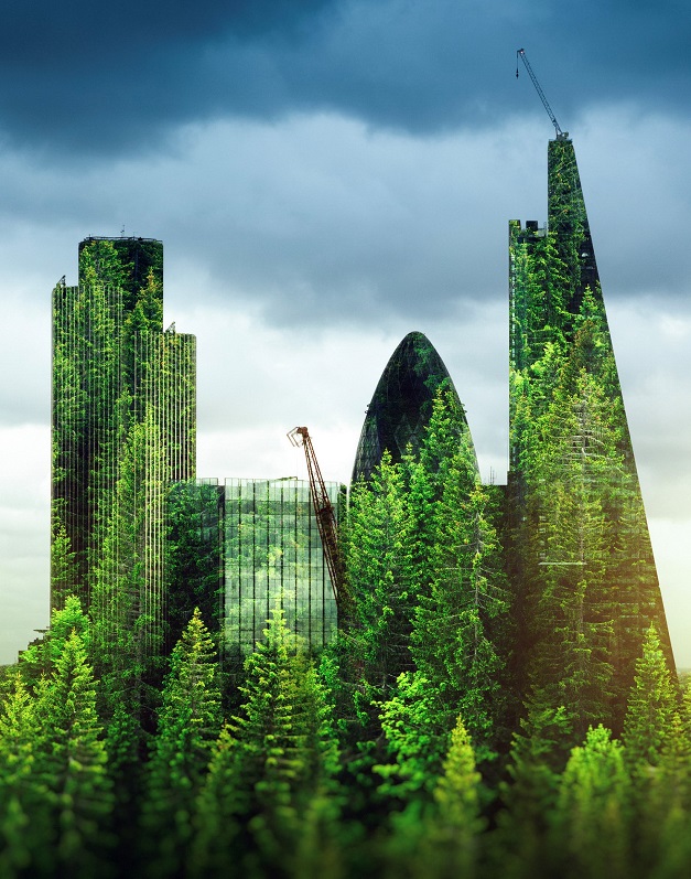 The image of London’s business district wrapped in trees is used with a screen from KINTO Join to convey the message ‘Go green with sustainable commuting’
