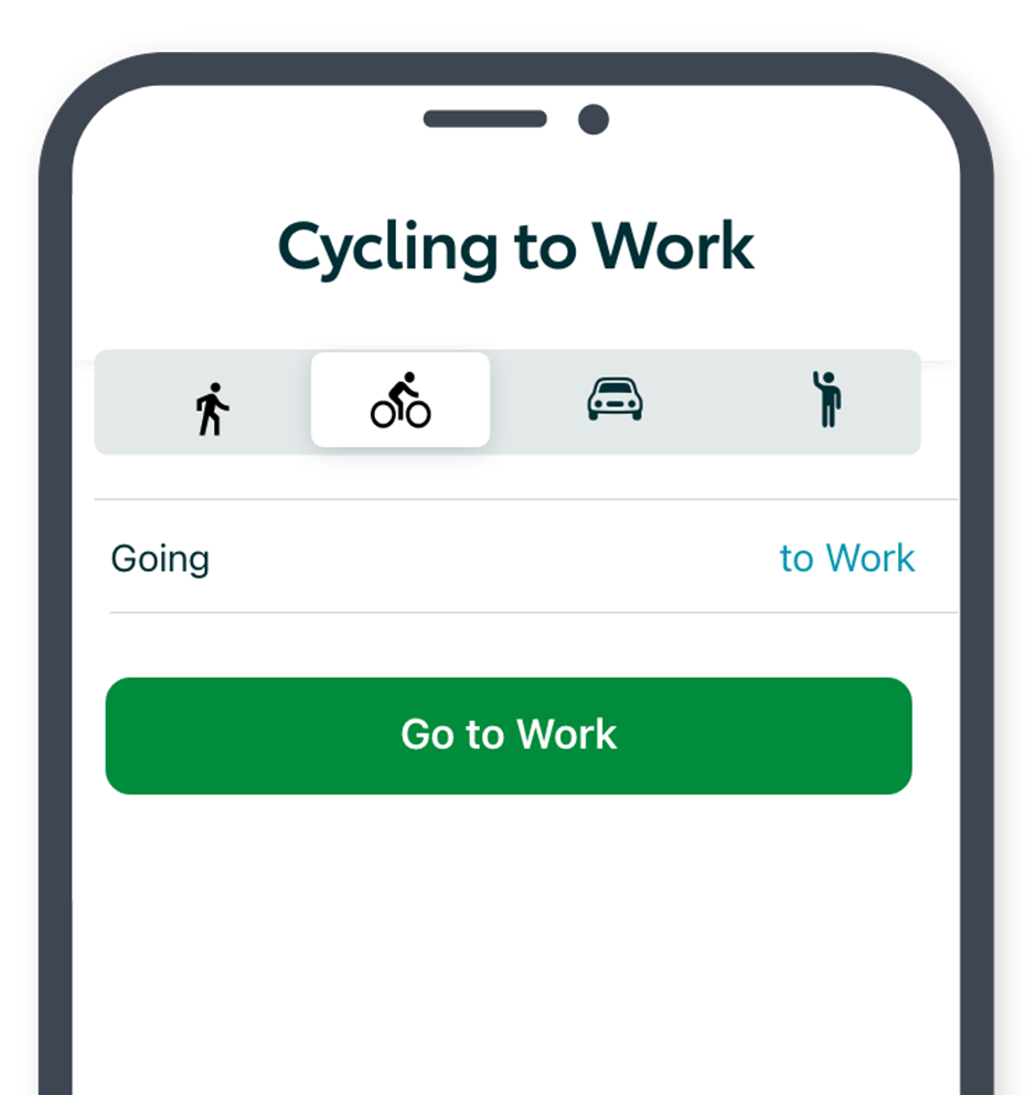 A mobile screen showing sustainable transport options available in KINTO Join– walking, cycling, and carpooling. The ‘Cycling to work’ option is selected.
