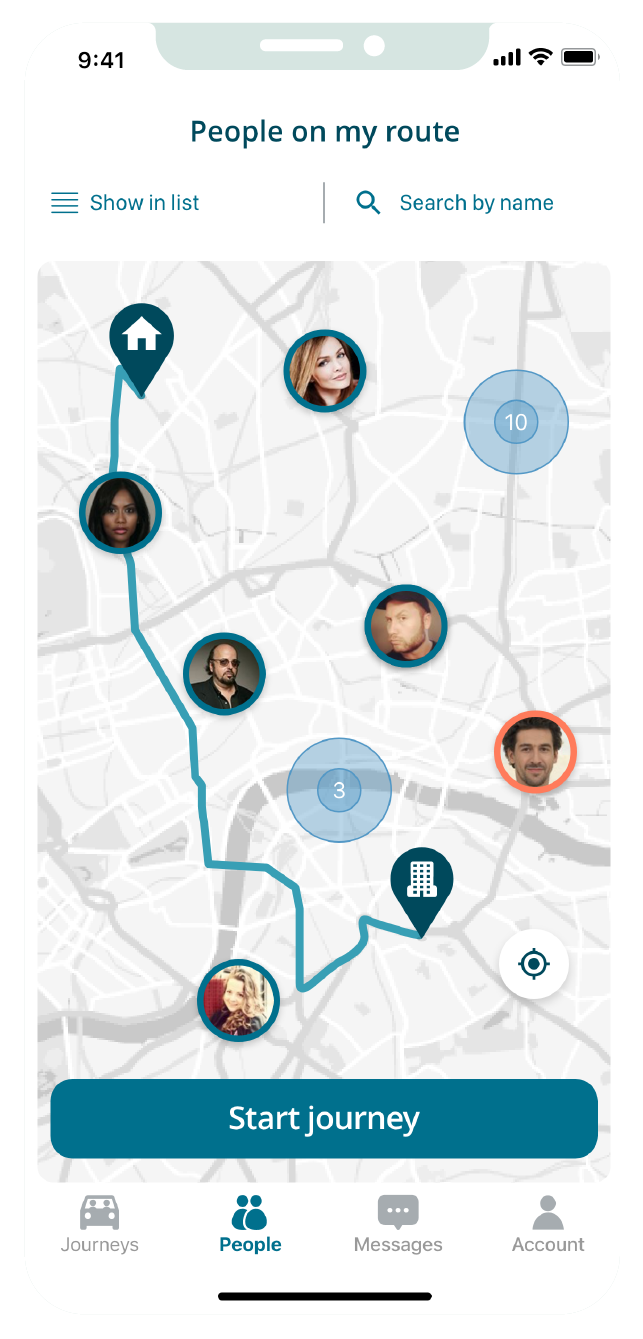 A screenshot from the KINTO Join sustainable commuting app showing 'People on my route' screen